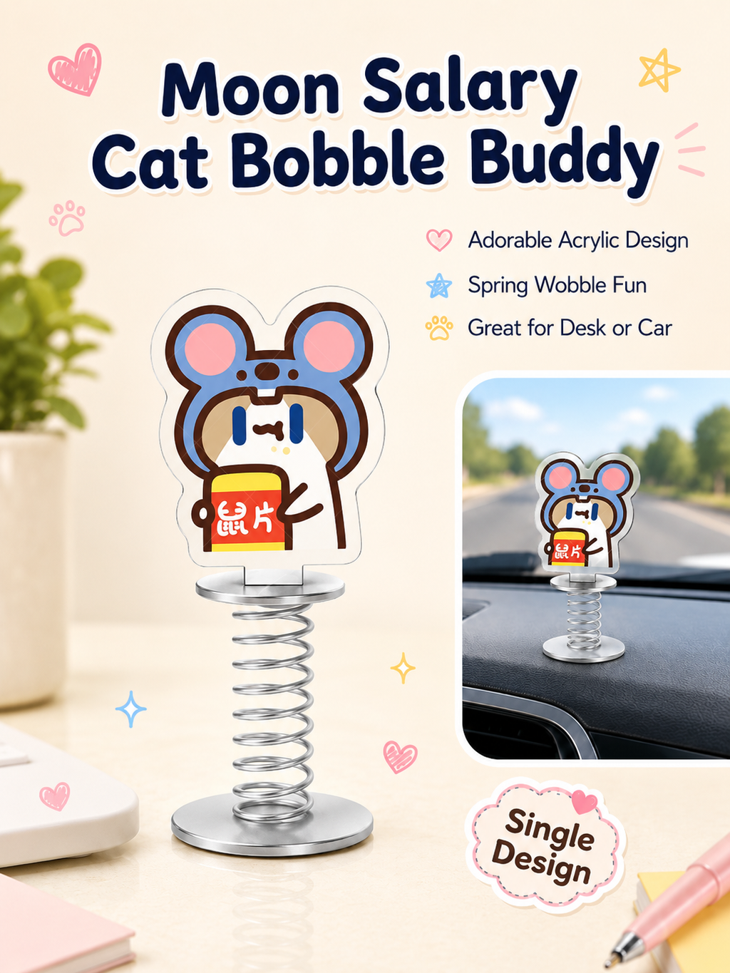Cute Cartoon Cat Acrylic Spring Wobble Stand Figure, Double‑Sided Printed Shaking Ornament, Car Dashboard & Desk Decor