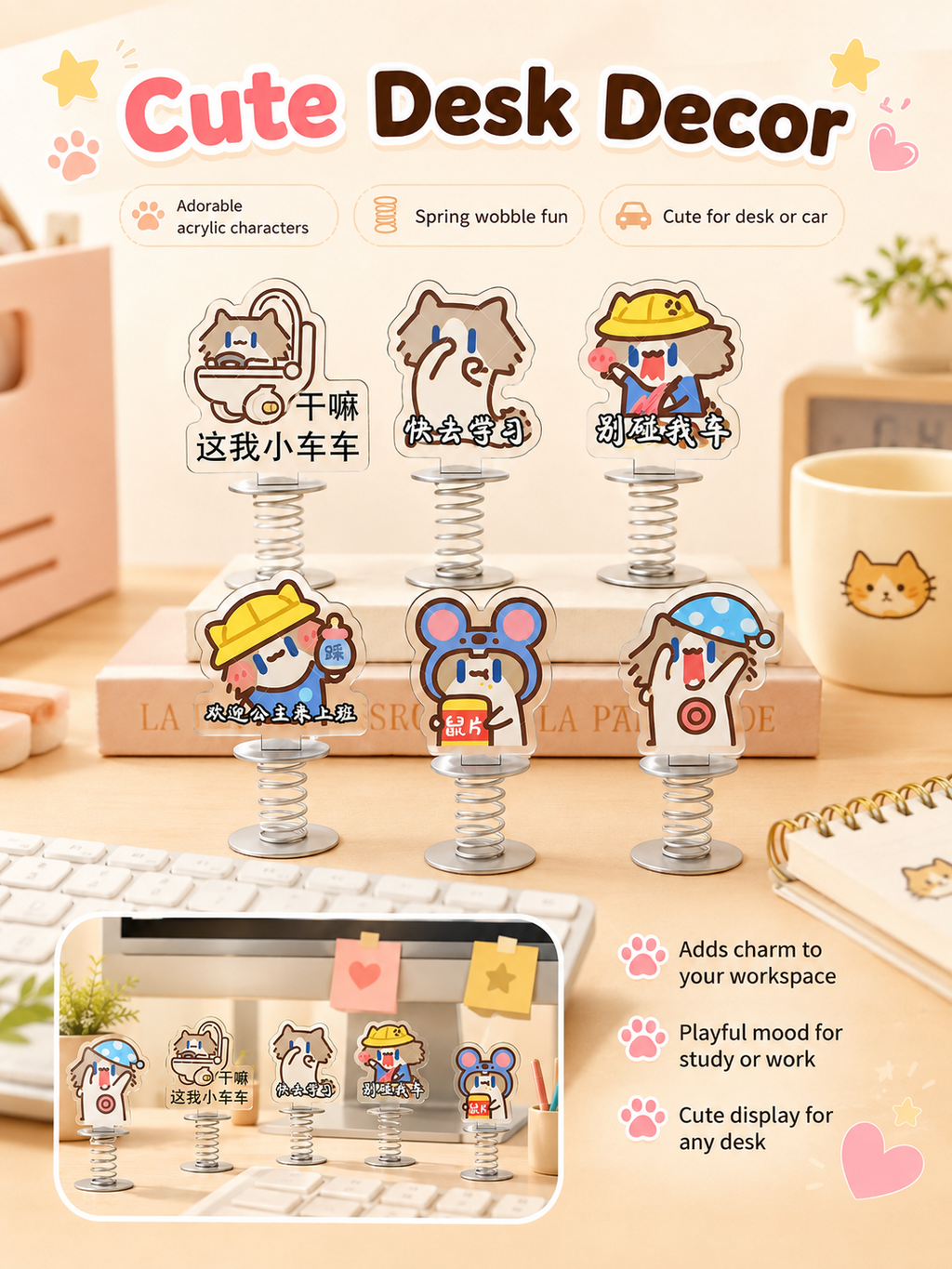Cute Cartoon Cat Acrylic Spring Wobble Stand Figure, Double‑Sided Printed Shaking Ornament, Car Dashboard & Desk Decor