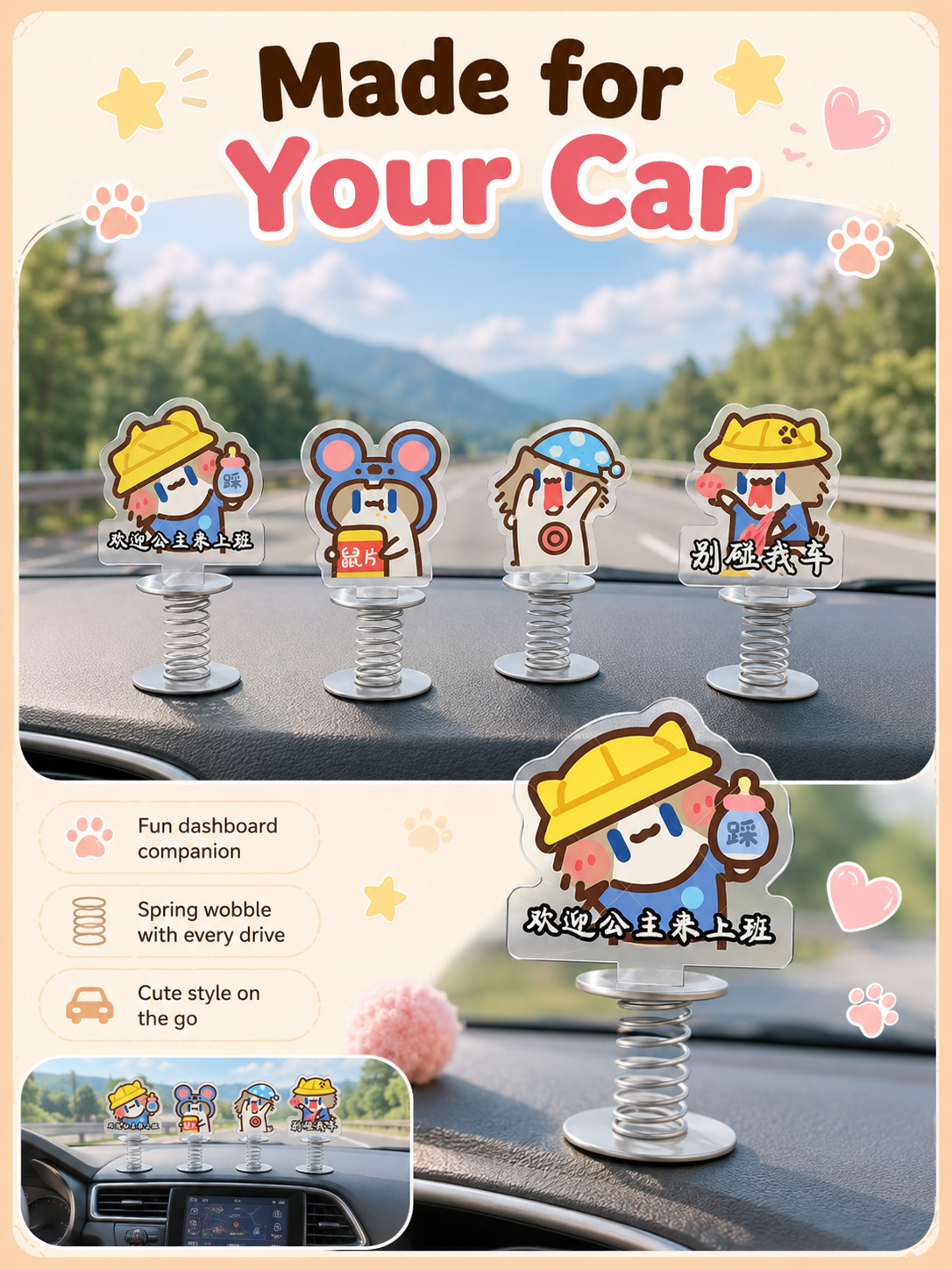 Cute Cartoon Cat Acrylic Spring Wobble Stand Figure, Double‑Sided Printed Shaking Ornament, Car Dashboard & Desk Decor