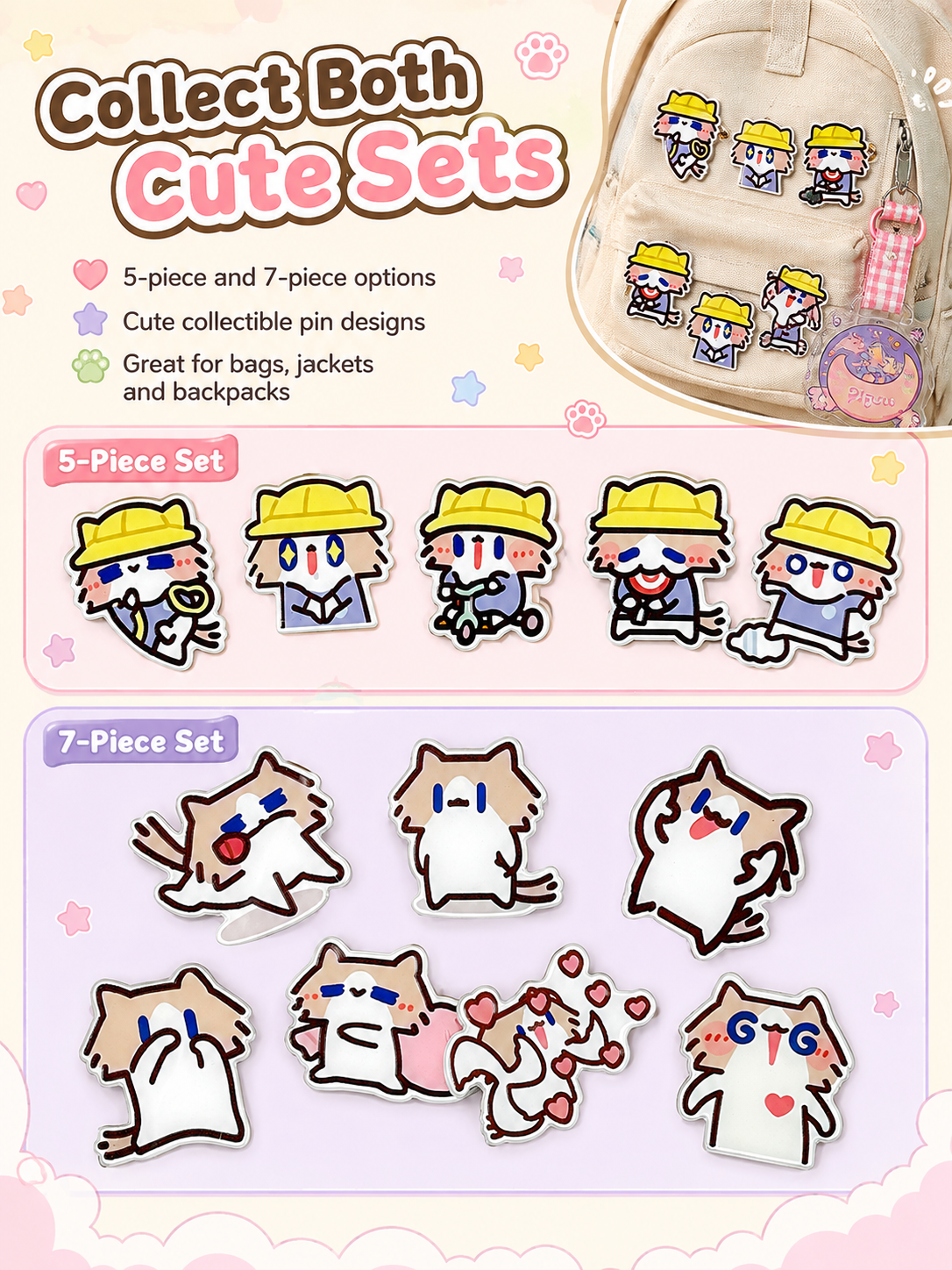 Cute Cartoon Cat Acrylic Brooch Set, Funny Meme Kitten Pins, Lovely Badge Decor for Backpack Clothes