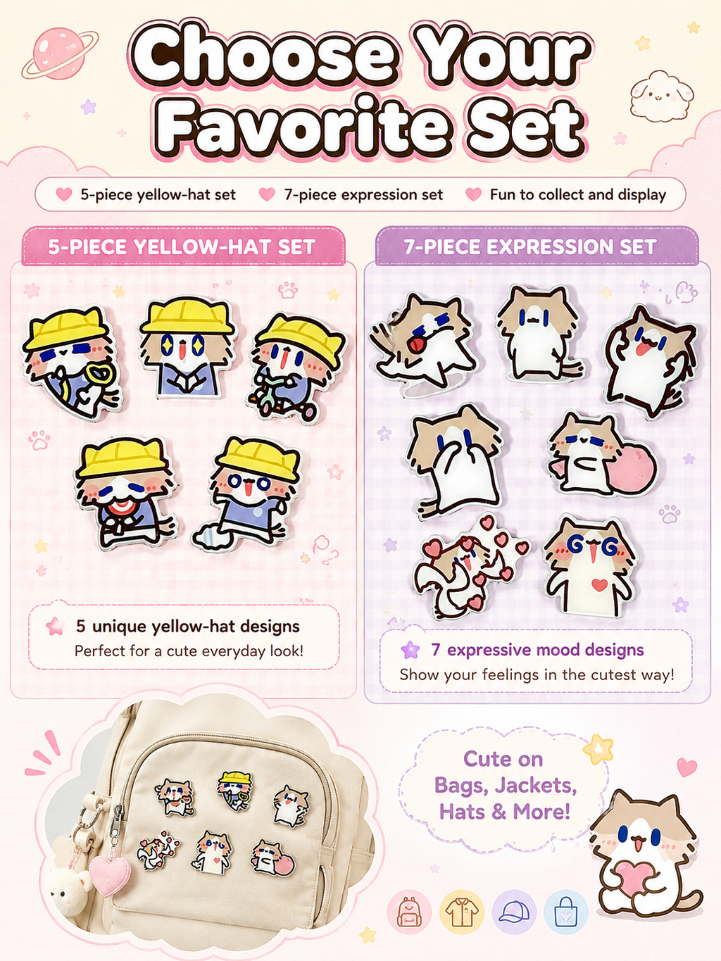 Cute Cartoon Cat Acrylic Brooch Set, Funny Meme Kitten Pins, Lovely Badge Decor for Backpack Clothes