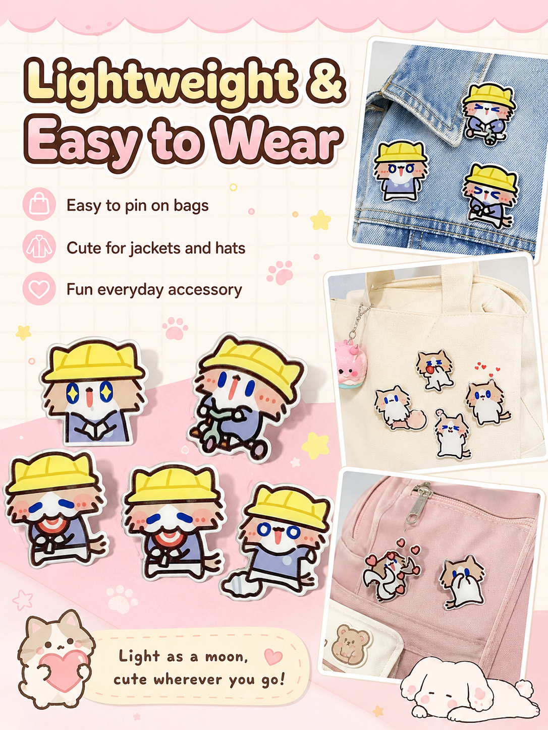 Cute Cartoon Cat Acrylic Brooch Set, Funny Meme Kitten Pins, Lovely Badge Decor for Backpack Clothes