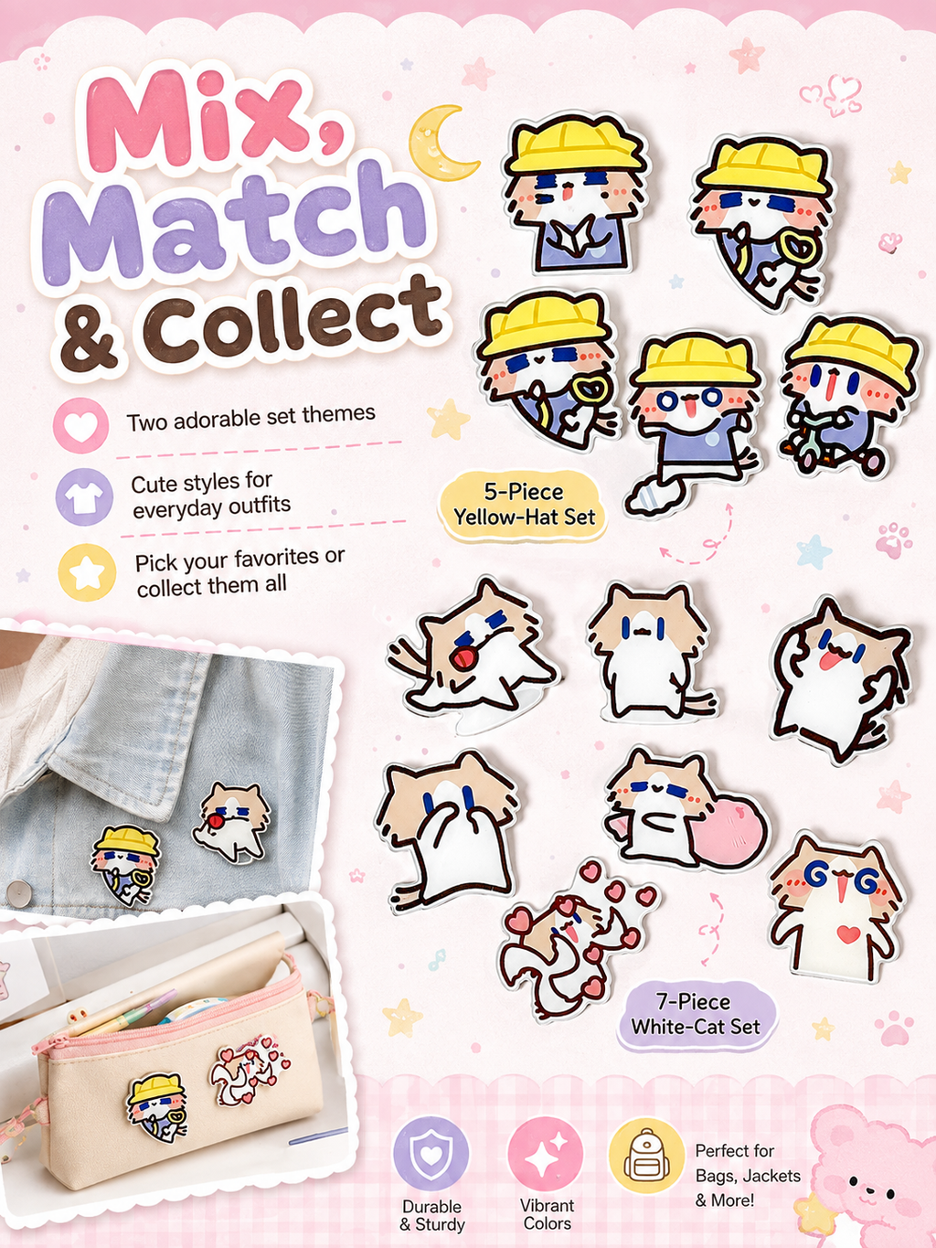 Cute Cartoon Cat Acrylic Brooch Set, Funny Meme Kitten Pins, Lovely Badge Decor for Backpack Clothes