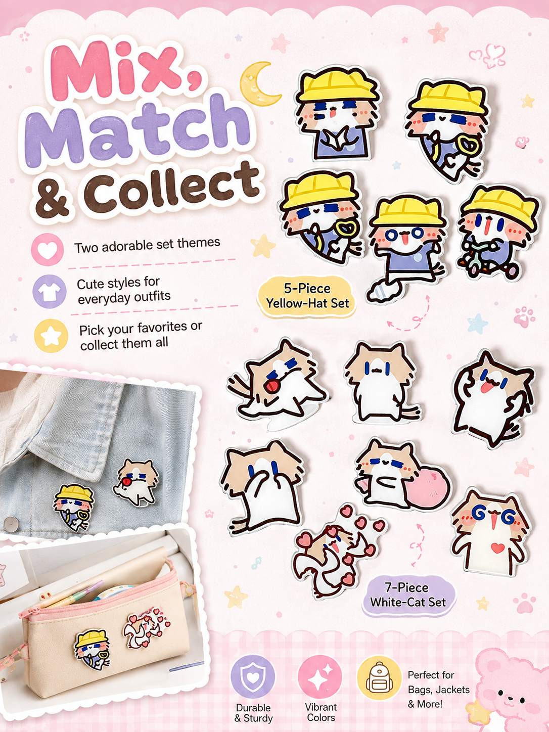 Cute Cartoon Cat Acrylic Brooch Set, Funny Meme Kitten Pins, Lovely Badge Decor for Backpack Clothes