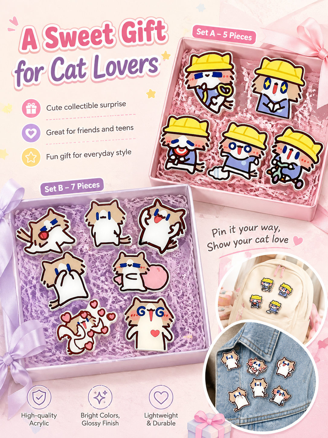 Cute Cartoon Cat Acrylic Brooch Set, Funny Meme Kitten Pins, Lovely Badge Decor for Backpack Clothes