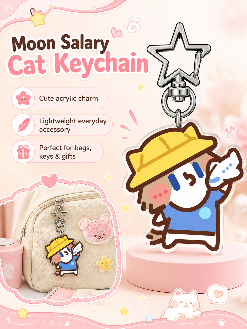 Cute Cartoon Cat Acrylic Keychain, Star‑Shaped Clasp Backpack Charm, Lovely Pendant Gift for Students and Friends