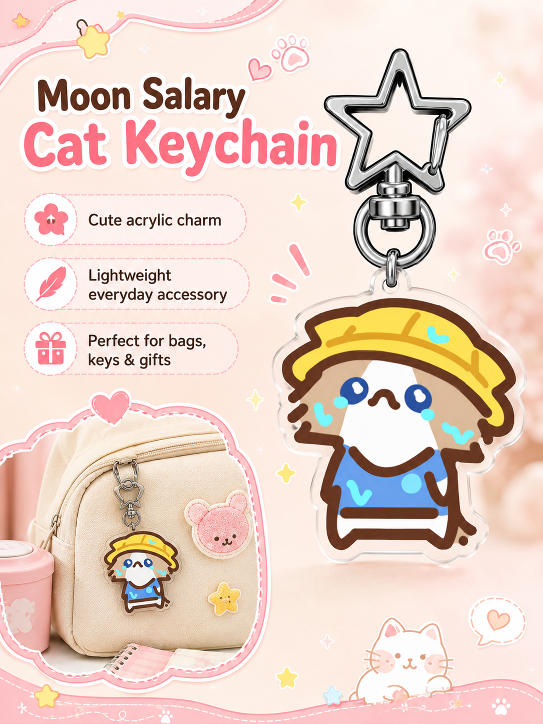 Cute Cartoon Cat Acrylic Keychain, Star‑Shaped Clasp Backpack Charm, Lovely Pendant Gift for Students and Friends