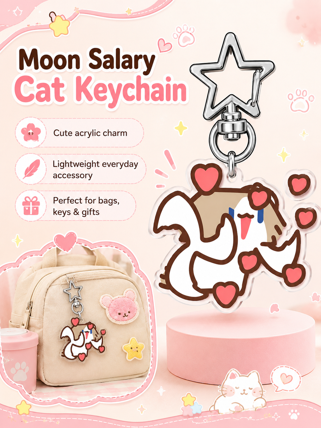 Cute Cartoon Cat Acrylic Keychain, Star‑Shaped Clasp Backpack Charm, Lovely Pendant Gift for Students and Friends