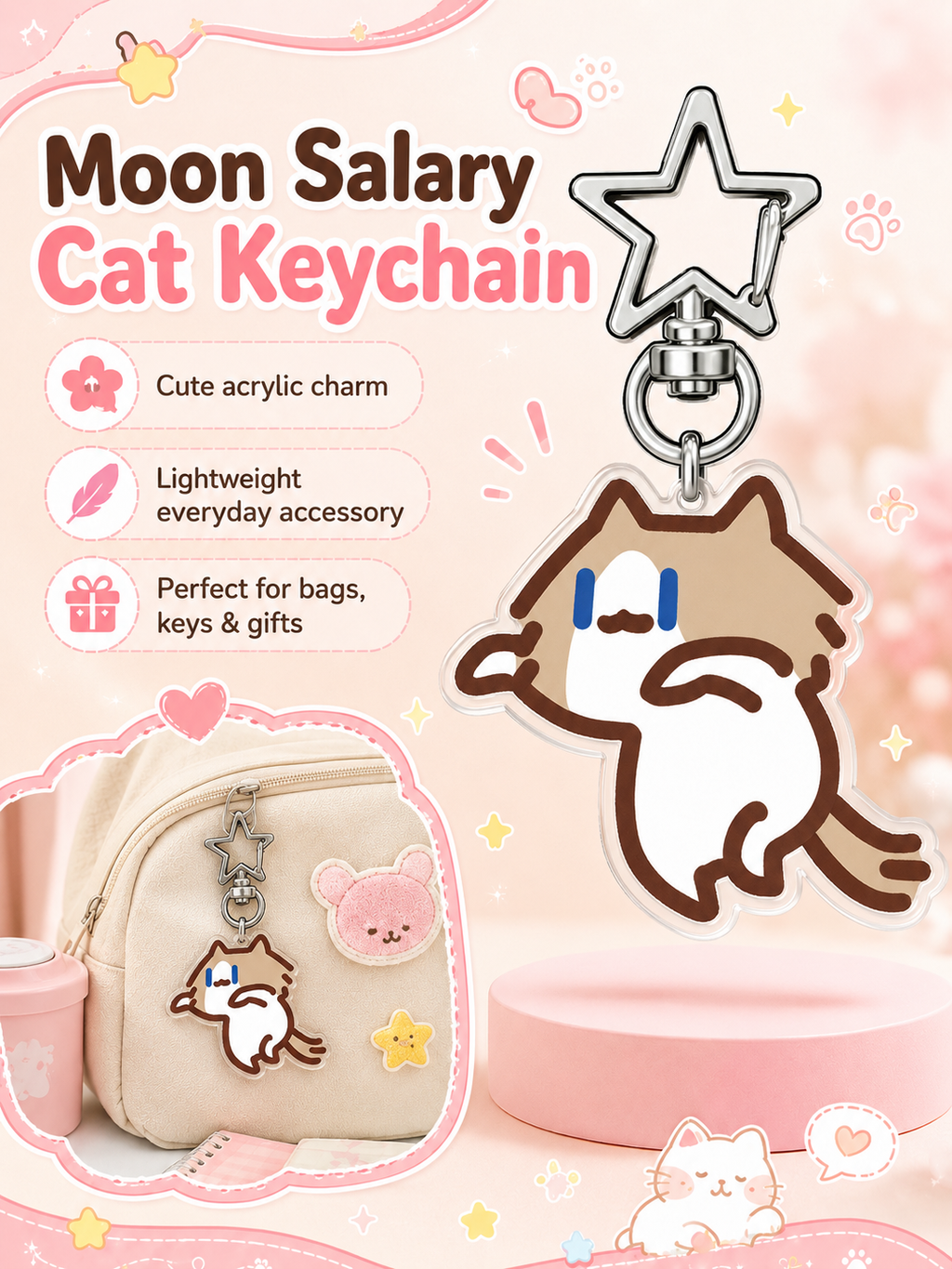 Cute Cartoon Cat Acrylic Keychain, Star‑Shaped Clasp Backpack Charm, Lovely Pendant Gift for Students and Friends
