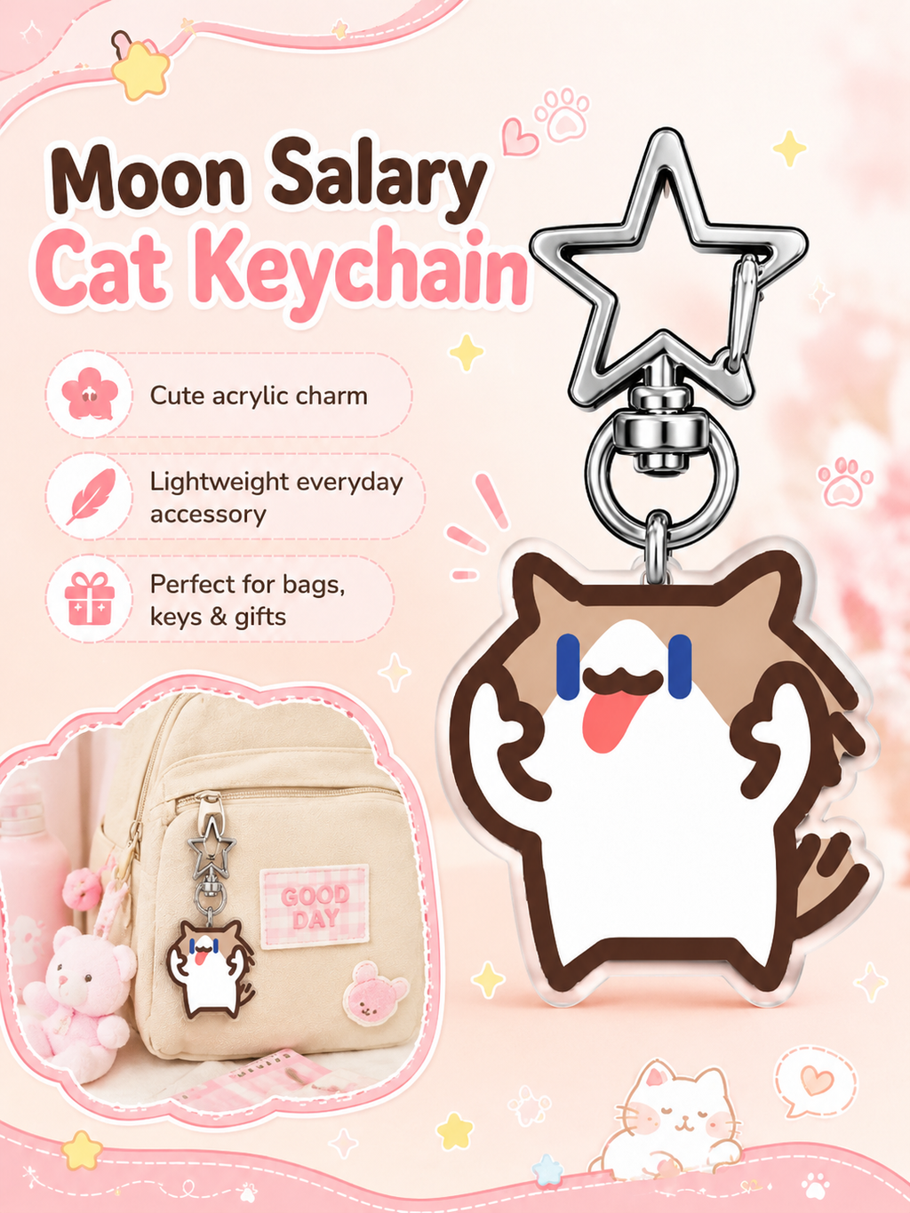 Cute Cartoon Cat Acrylic Keychain, Star‑Shaped Clasp Backpack Charm, Lovely Pendant Gift for Students and Friends