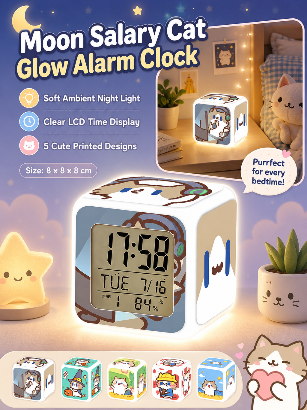 Cute Cartoon Cat LED Digital Alarm Clock, Glowing Cube Night Light, Multifunctional Temperature Display Clock for Bedroom Dorm