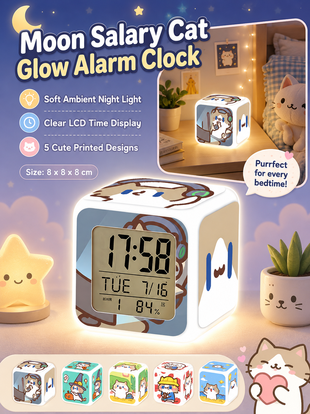 Cute Cartoon Cat LED Digital Alarm Clock, Glowing Cube Night Light, Multifunctional Temperature Display Clock for Bedroom Dorm