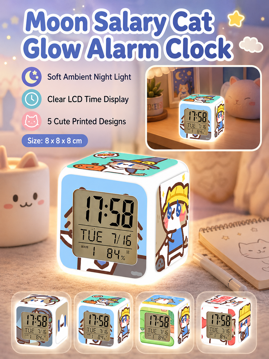 Cute Cartoon Cat LED Digital Alarm Clock, Glowing Cube Night Light, Multifunctional Temperature Display Clock for Bedroom Dorm