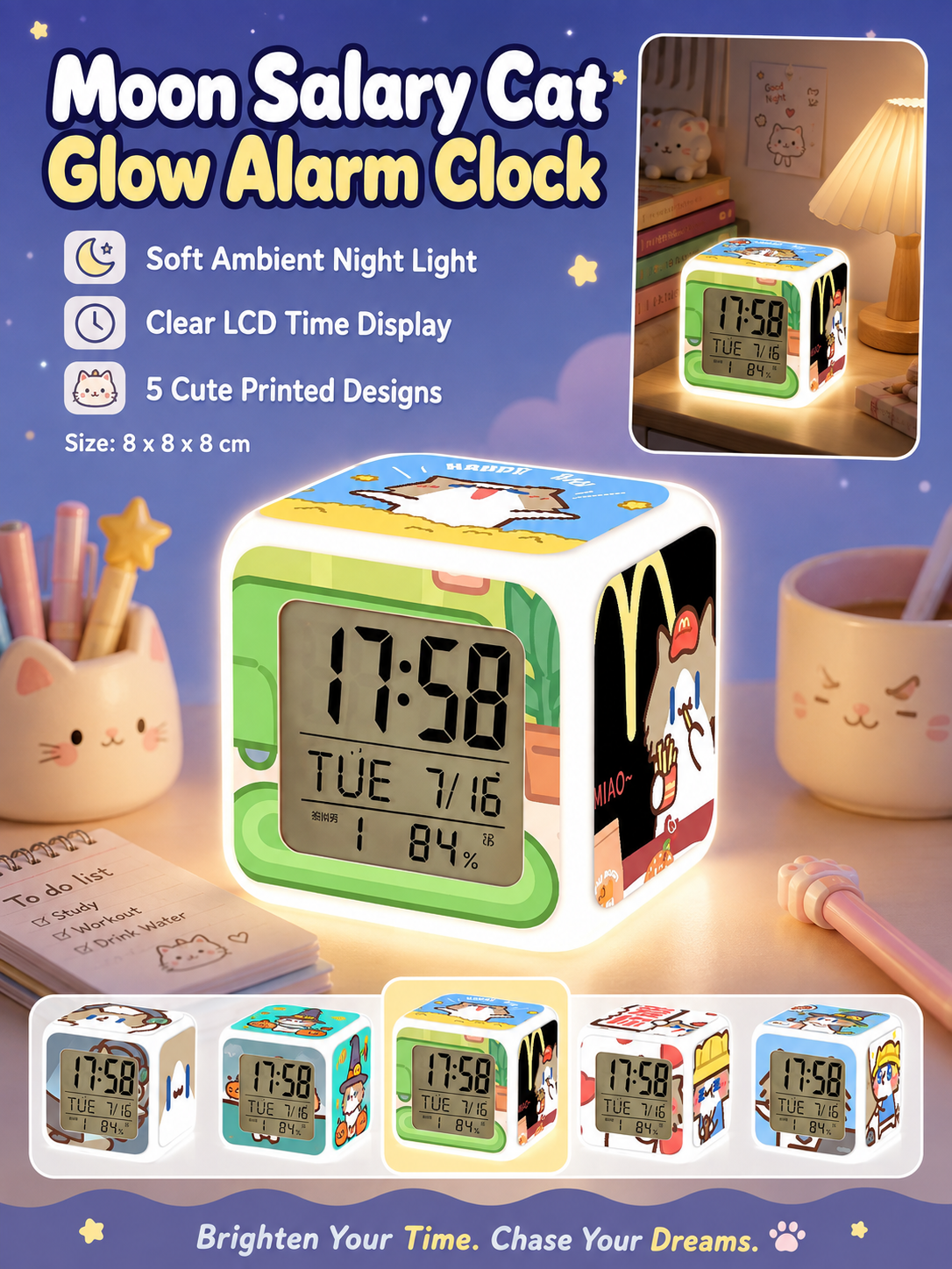 Cute Cartoon Cat LED Digital Alarm Clock, Glowing Cube Night Light, Multifunctional Temperature Display Clock for Bedroom Dorm