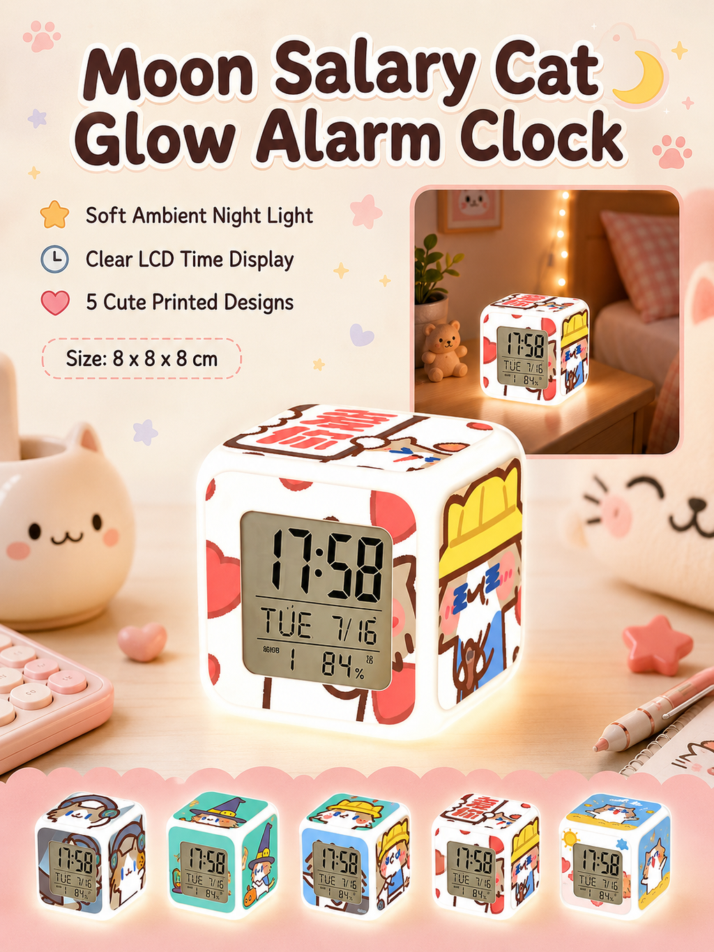 Cute Cartoon Cat LED Digital Alarm Clock, Glowing Cube Night Light, Multifunctional Temperature Display Clock for Bedroom Dorm