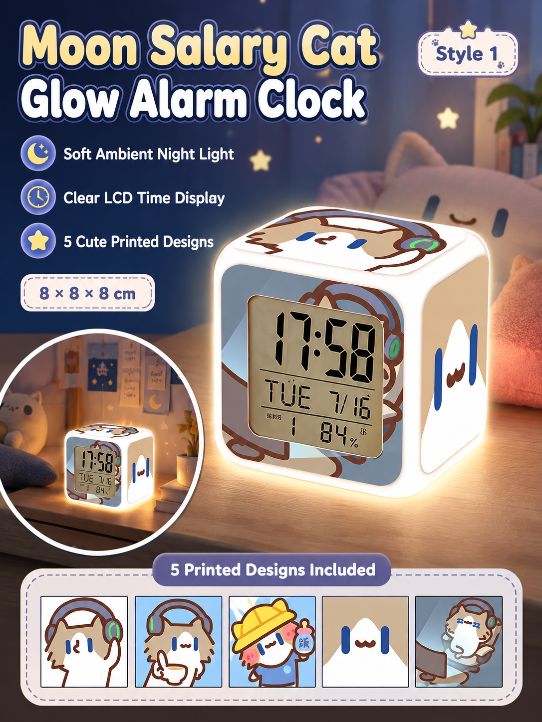 Cute Cartoon Cat LED Digital Alarm Clock, Glowing Cube Night Light, Multifunctional Temperature Display Clock for Bedroom Dorm