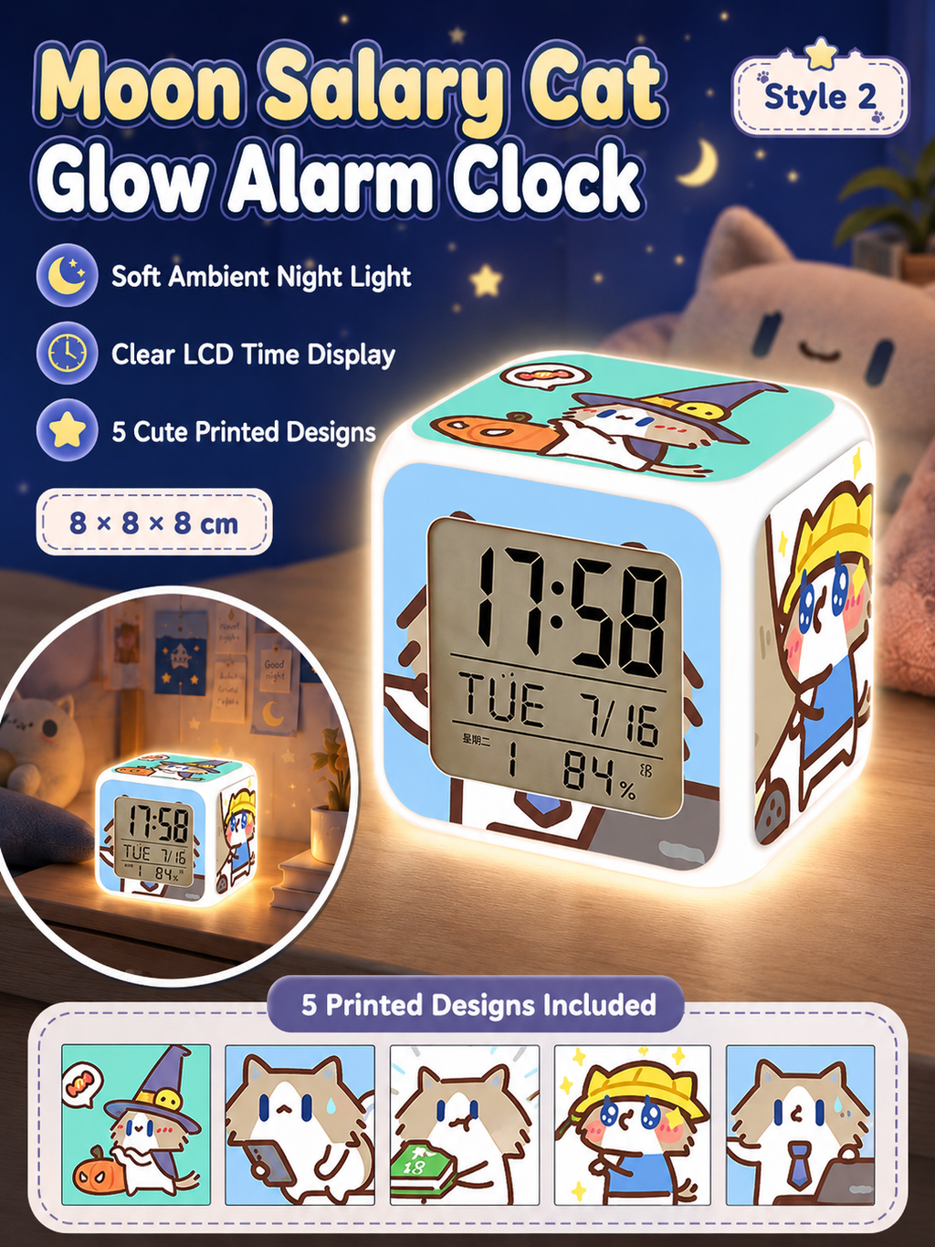 Cute Cartoon Cat LED Digital Alarm Clock, Glowing Cube Night Light, Multifunctional Temperature Display Clock for Bedroom Dorm