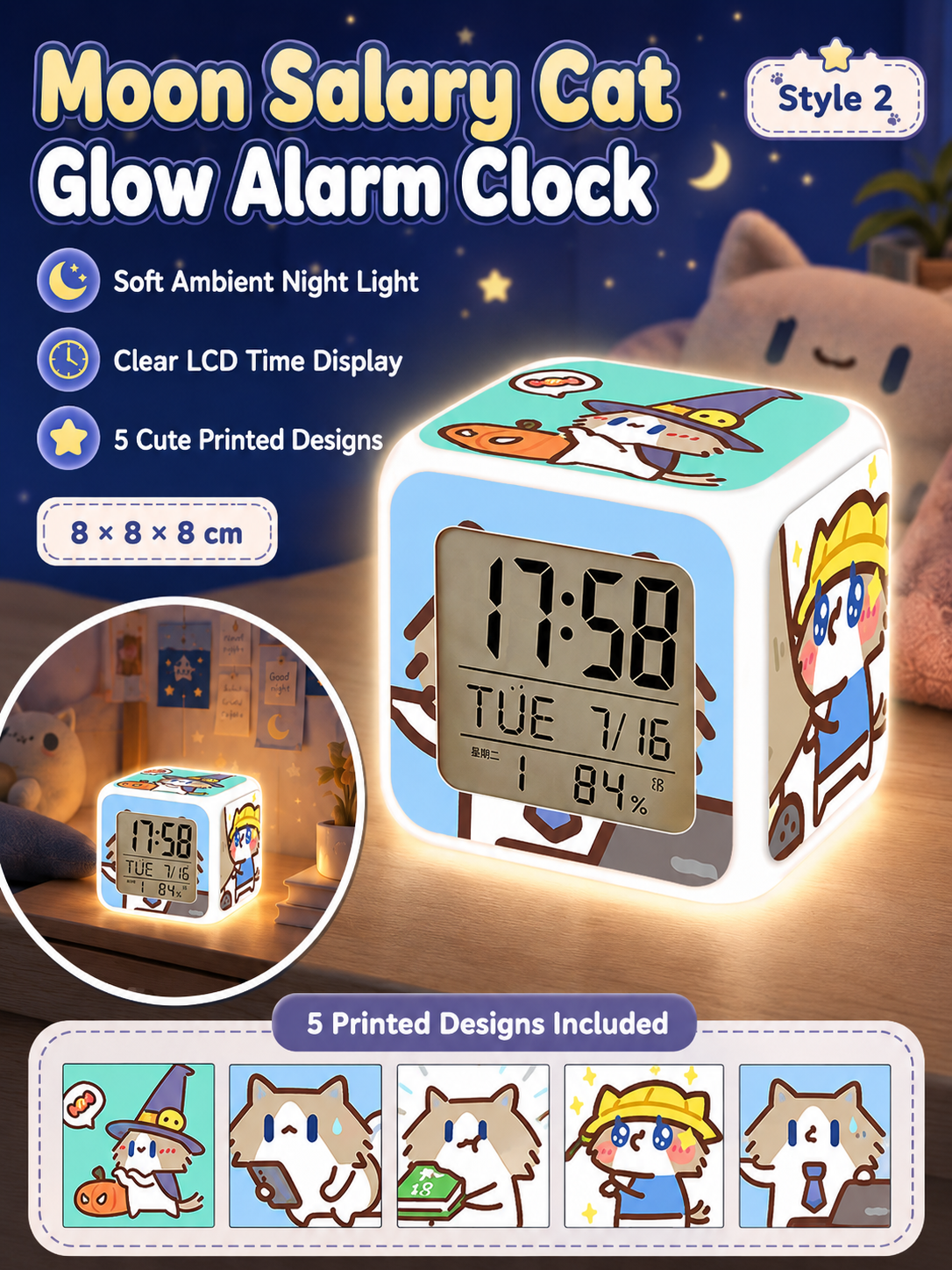 Cute Cartoon Cat LED Digital Alarm Clock, Glowing Cube Night Light, Multifunctional Temperature Display Clock for Bedroom Dorm