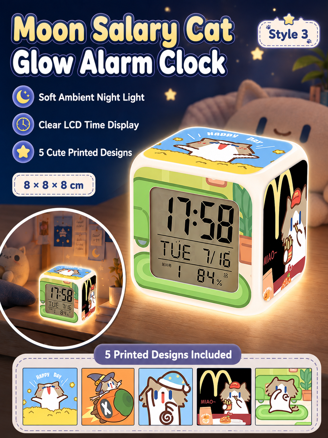 Cute Cartoon Cat LED Digital Alarm Clock, Glowing Cube Night Light, Multifunctional Temperature Display Clock for Bedroom Dorm