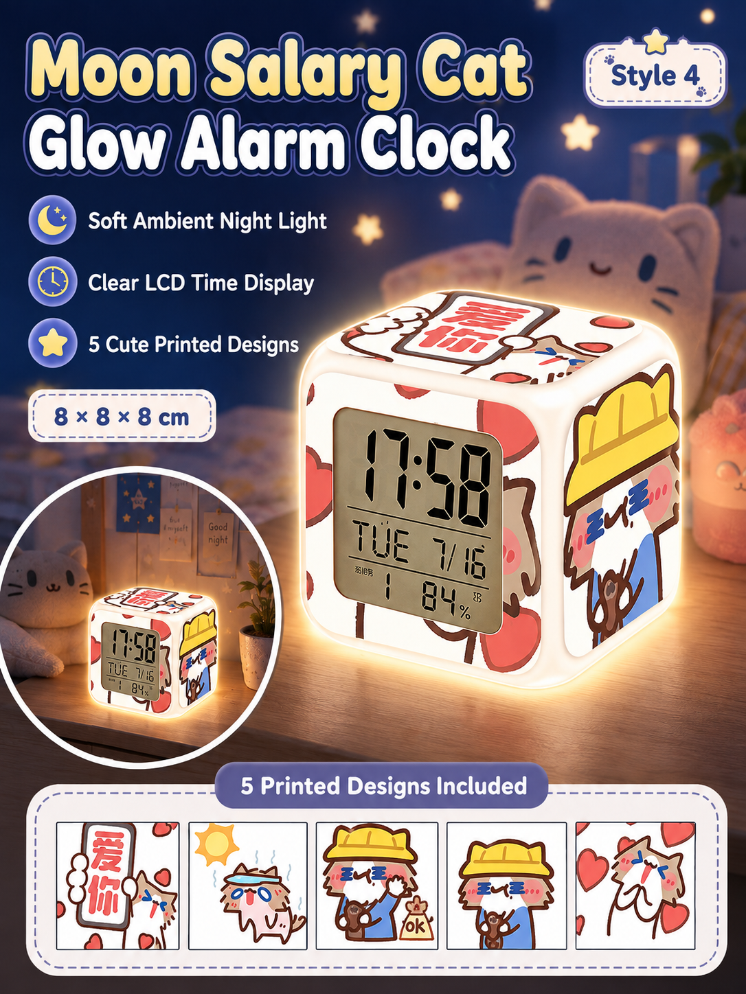 Cute Cartoon Cat LED Digital Alarm Clock, Glowing Cube Night Light, Multifunctional Temperature Display Clock for Bedroom Dorm