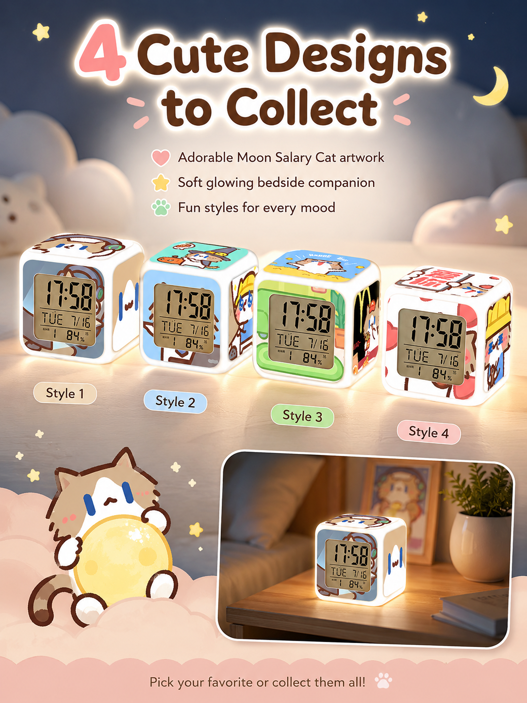 Cute Cartoon Cat LED Digital Alarm Clock, Glowing Cube Night Light, Multifunctional Temperature Display Clock for Bedroom Dorm