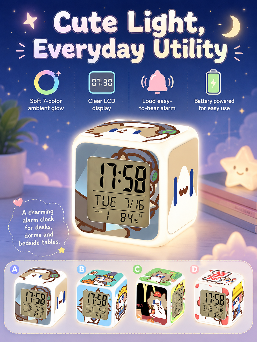Cute Cartoon Cat LED Digital Alarm Clock, Glowing Cube Night Light, Multifunctional Temperature Display Clock for Bedroom Dorm