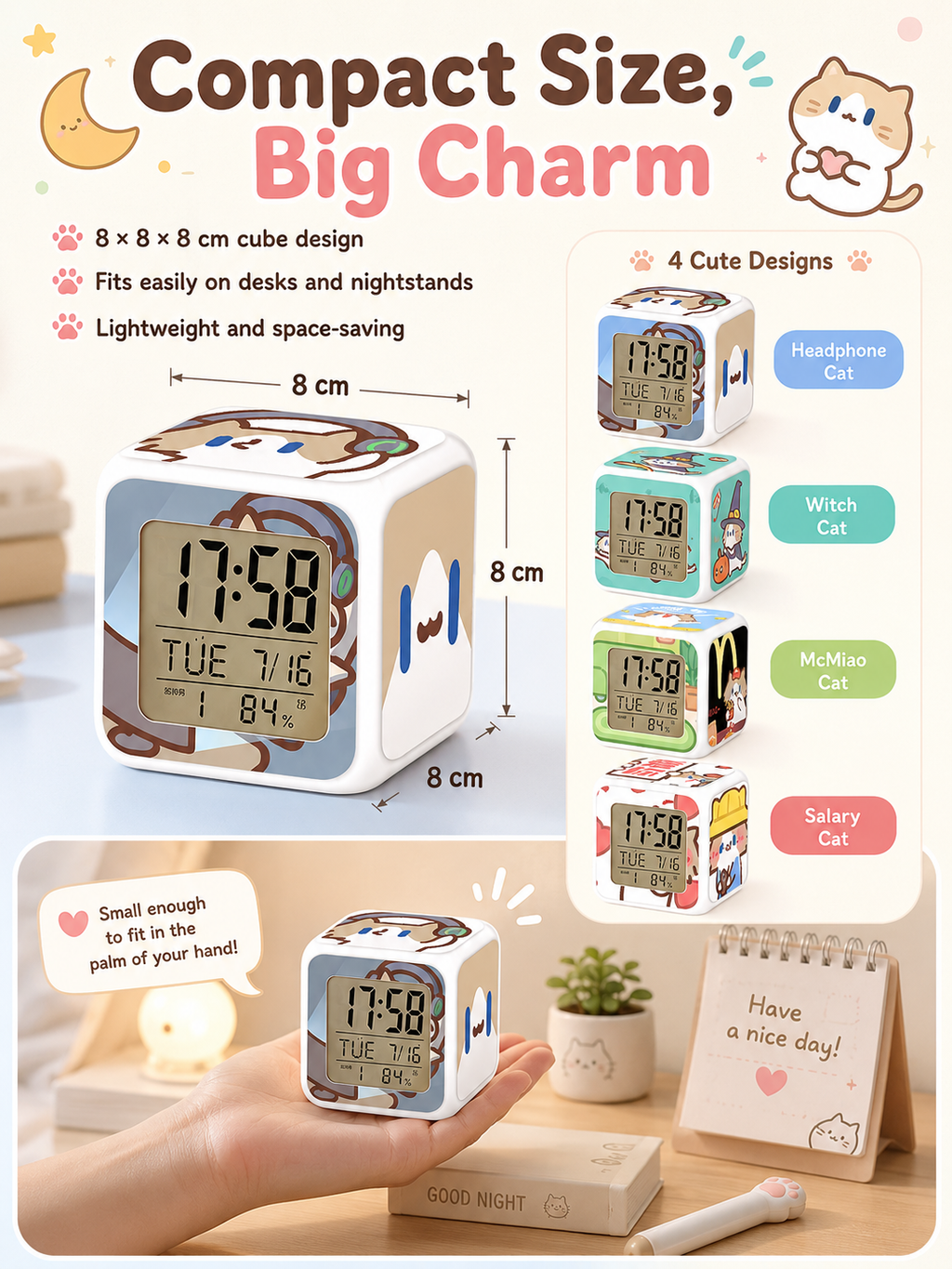 Cute Cartoon Cat LED Digital Alarm Clock, Glowing Cube Night Light, Multifunctional Temperature Display Clock for Bedroom Dorm