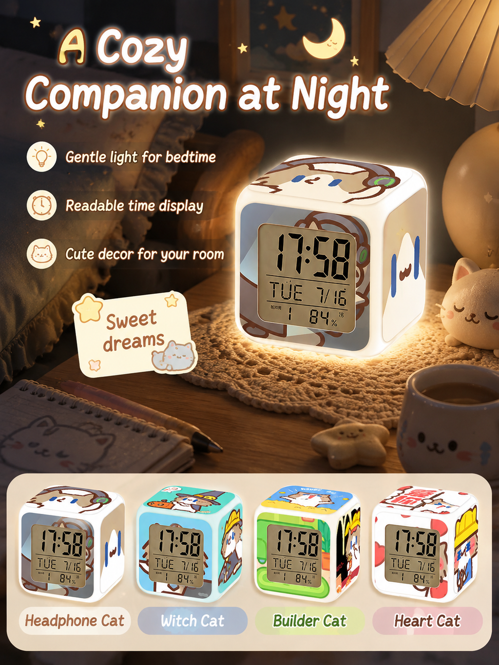 Cute Cartoon Cat LED Digital Alarm Clock, Glowing Cube Night Light, Multifunctional Temperature Display Clock for Bedroom Dorm