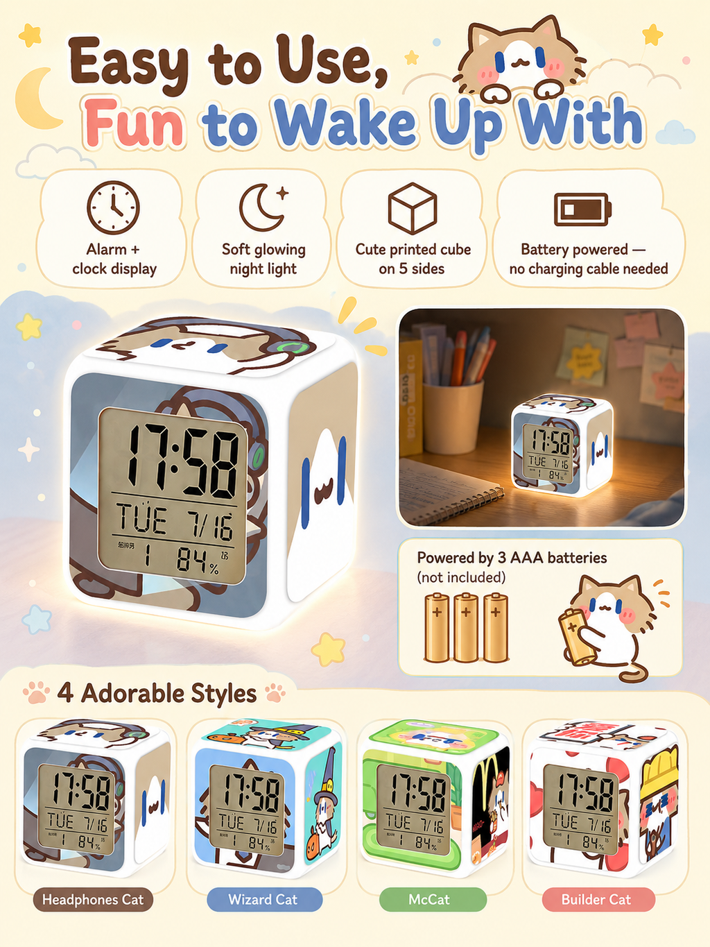 Cute Cartoon Cat LED Digital Alarm Clock, Glowing Cube Night Light, Multifunctional Temperature Display Clock for Bedroom Dorm