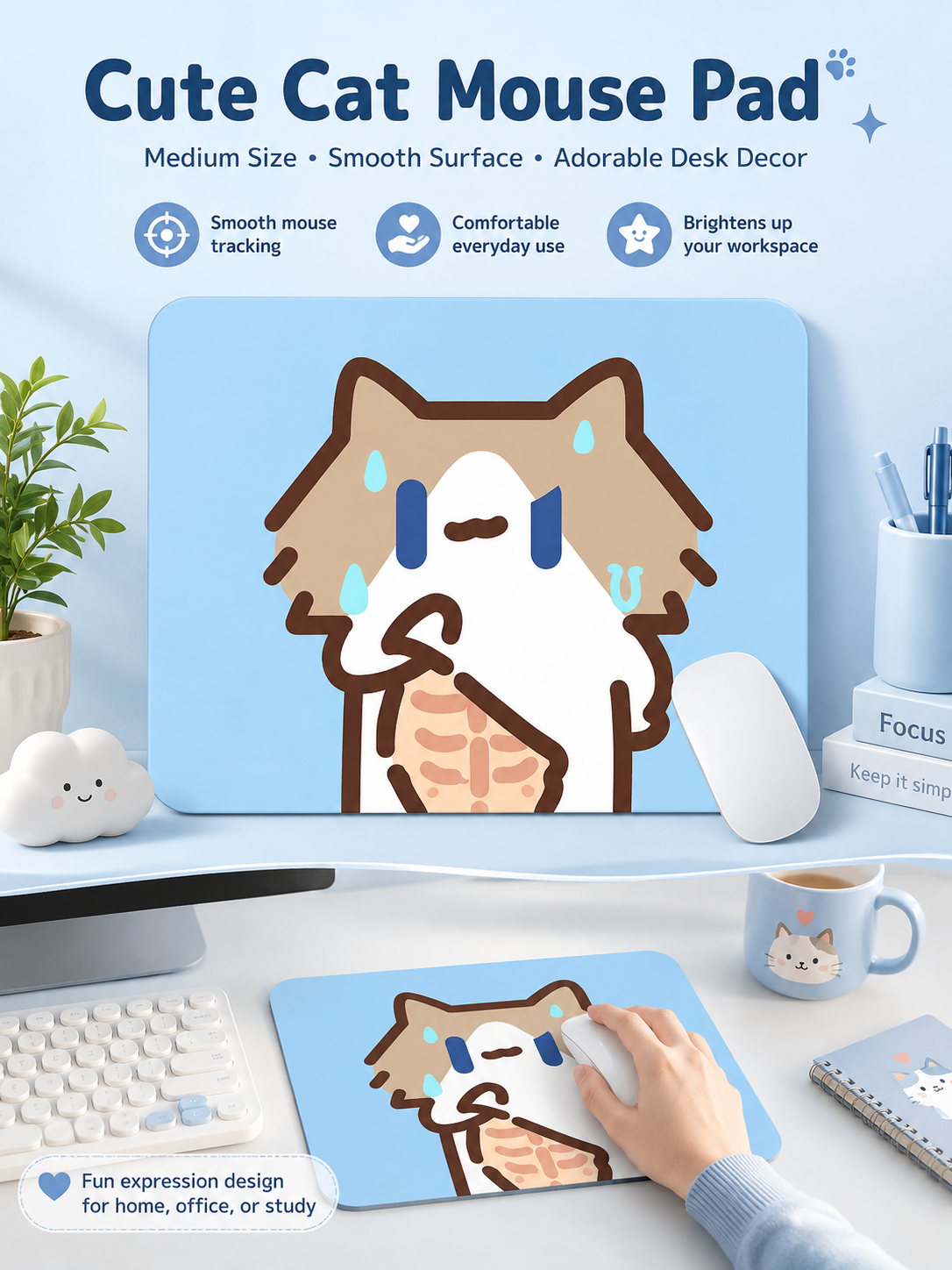 Cute Cartoon Cat Mouse Pad, Thickened Medium Size Desk Mat, Non‑Slip Rubber Mousepad for Laptop Office Student Desk