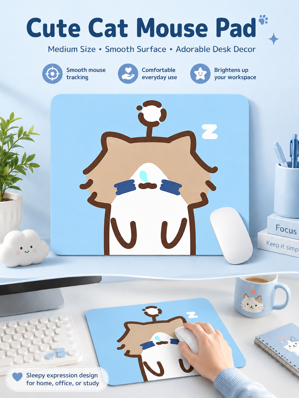Cute Cartoon Cat Mouse Pad, Thickened Medium Size Desk Mat, Non‑Slip Rubber Mousepad for Laptop Office Student Desk