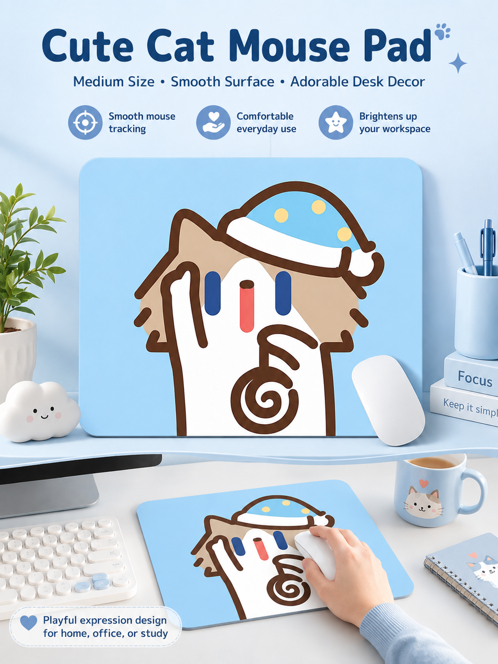 Cute Cartoon Cat Mouse Pad, Thickened Medium Size Desk Mat, Non‑Slip Rubber Mousepad for Laptop Office Student Desk