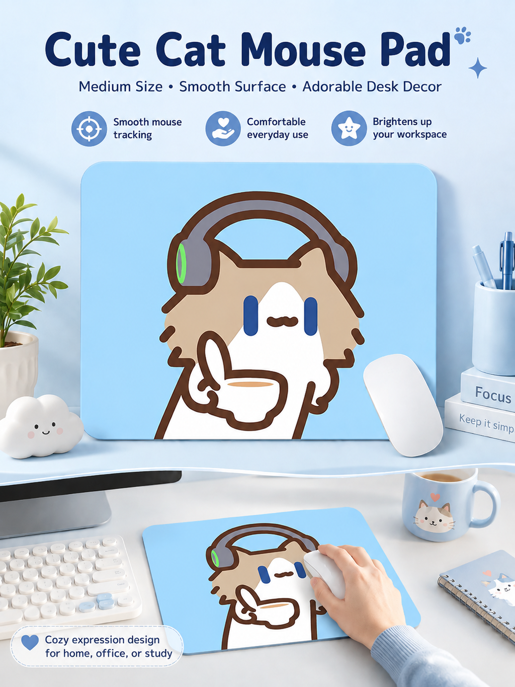 Cute Cartoon Cat Mouse Pad, Thickened Medium Size Desk Mat, Non‑Slip Rubber Mousepad for Laptop Office Student Desk
