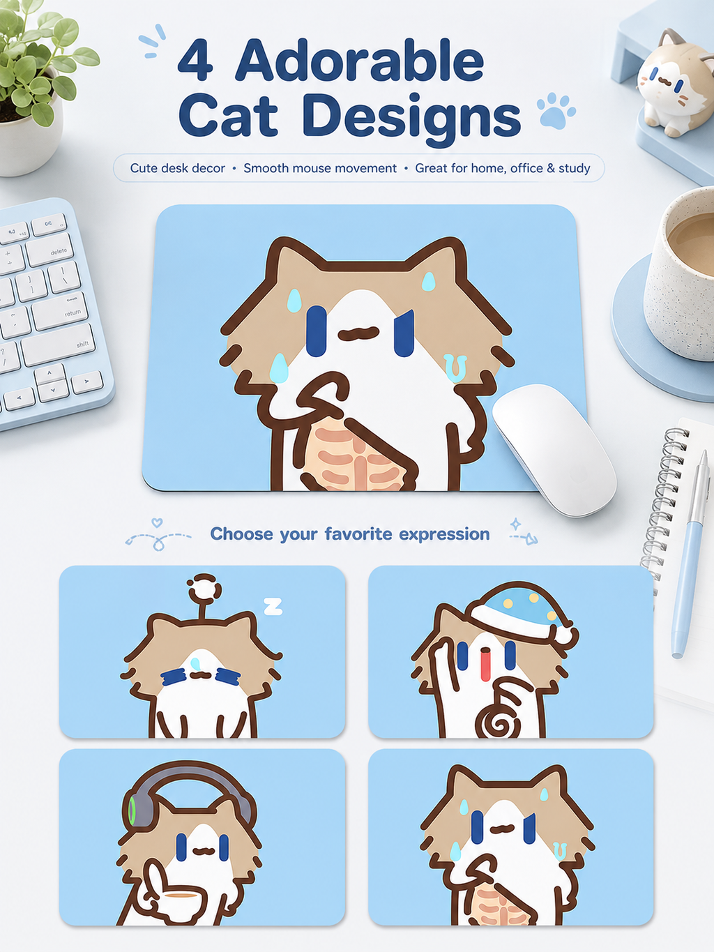 Cute Cartoon Cat Mouse Pad, Thickened Medium Size Desk Mat, Non‑Slip Rubber Mousepad for Laptop Office Student Desk