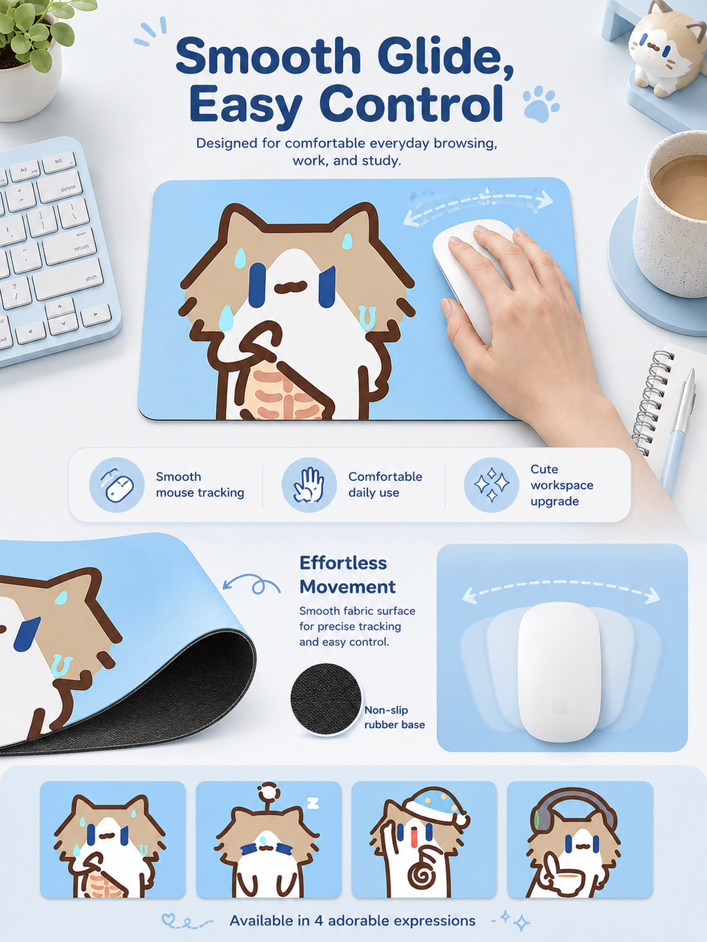 Cute Cartoon Cat Mouse Pad, Thickened Medium Size Desk Mat, Non‑Slip Rubber Mousepad for Laptop Office Student Desk