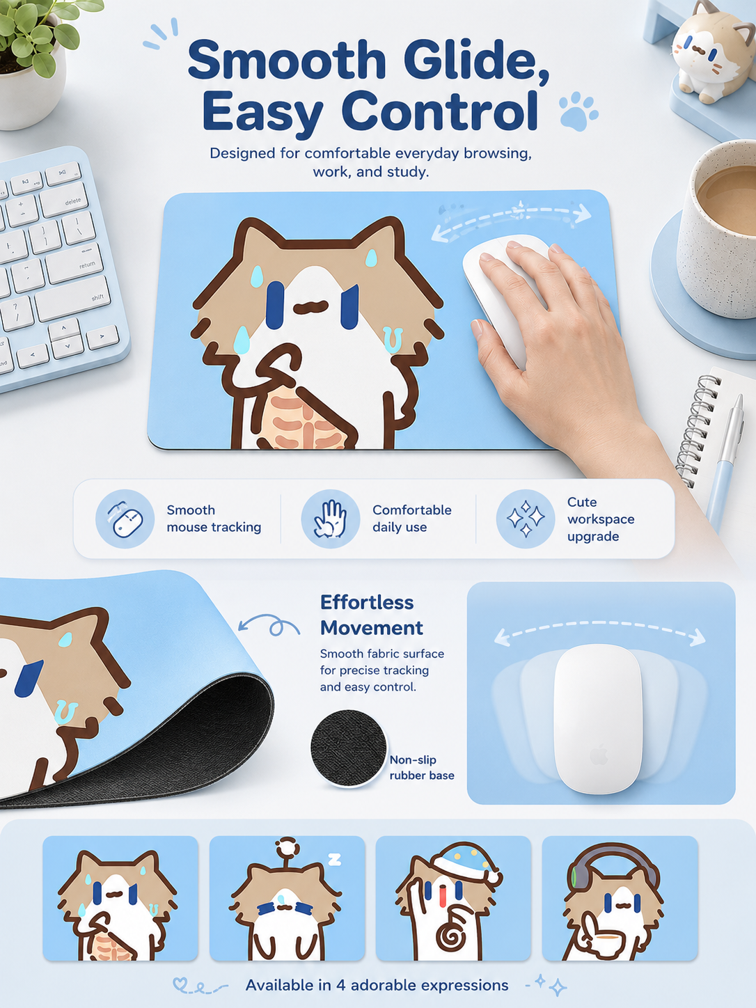 Cute Cartoon Cat Mouse Pad, Thickened Medium Size Desk Mat, Non‑Slip Rubber Mousepad for Laptop Office Student Desk