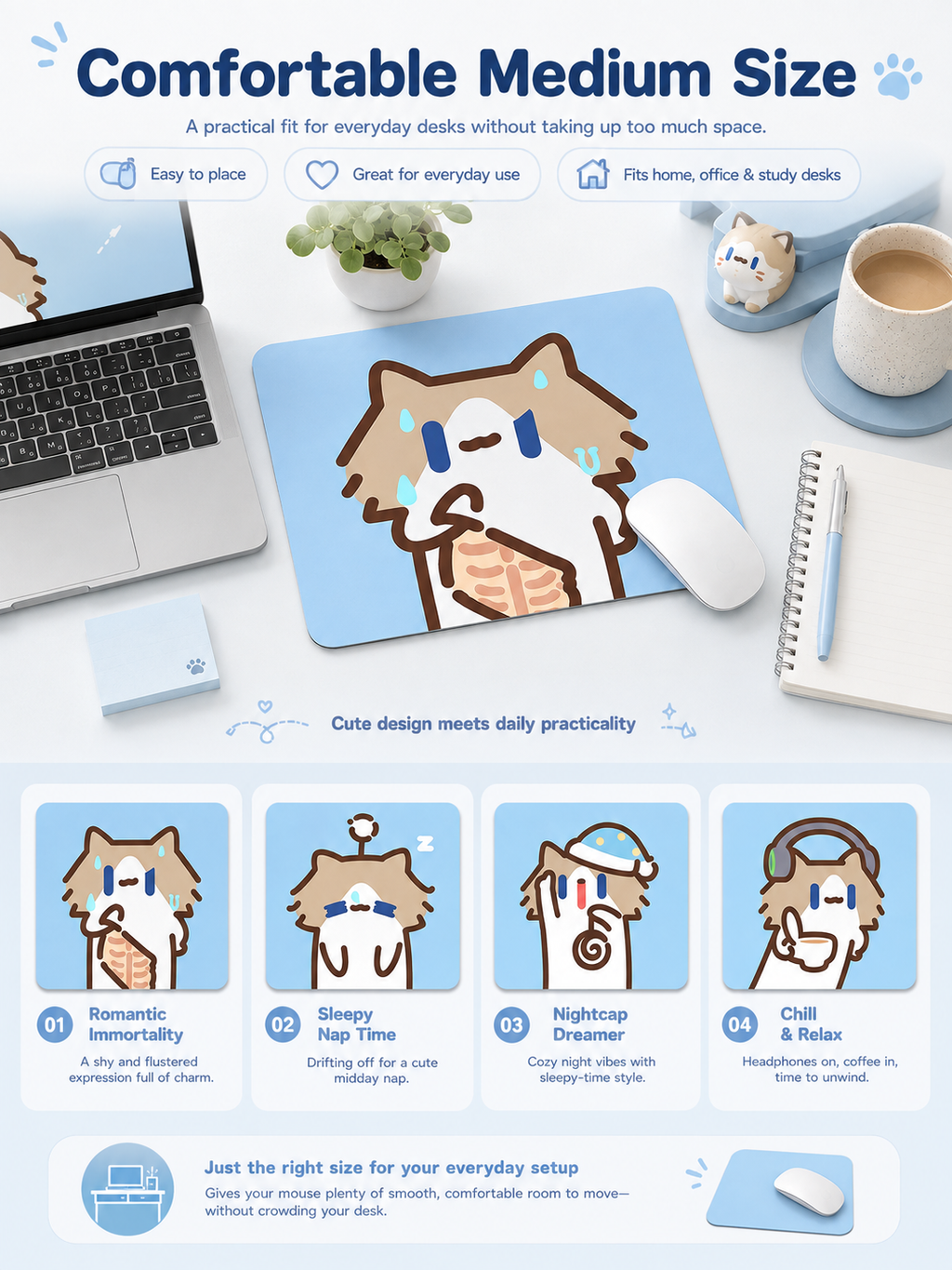 Cute Cartoon Cat Mouse Pad, Thickened Medium Size Desk Mat, Non‑Slip Rubber Mousepad for Laptop Office Student Desk