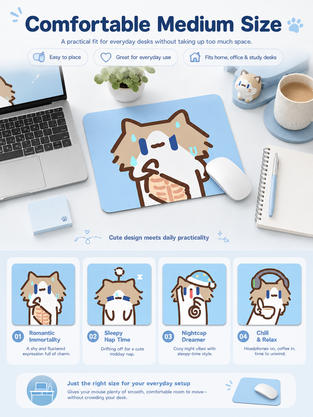 Cute Cartoon Cat Mouse Pad, Thickened Medium Size Desk Mat, Non‑Slip Rubber Mousepad for Laptop Office Student Desk