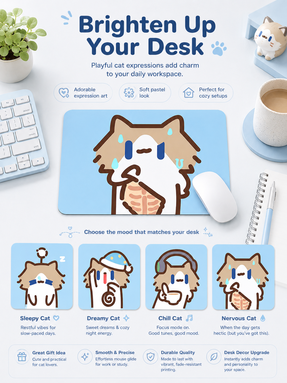 Cute Cartoon Cat Mouse Pad, Thickened Medium Size Desk Mat, Non‑Slip Rubber Mousepad for Laptop Office Student Desk
