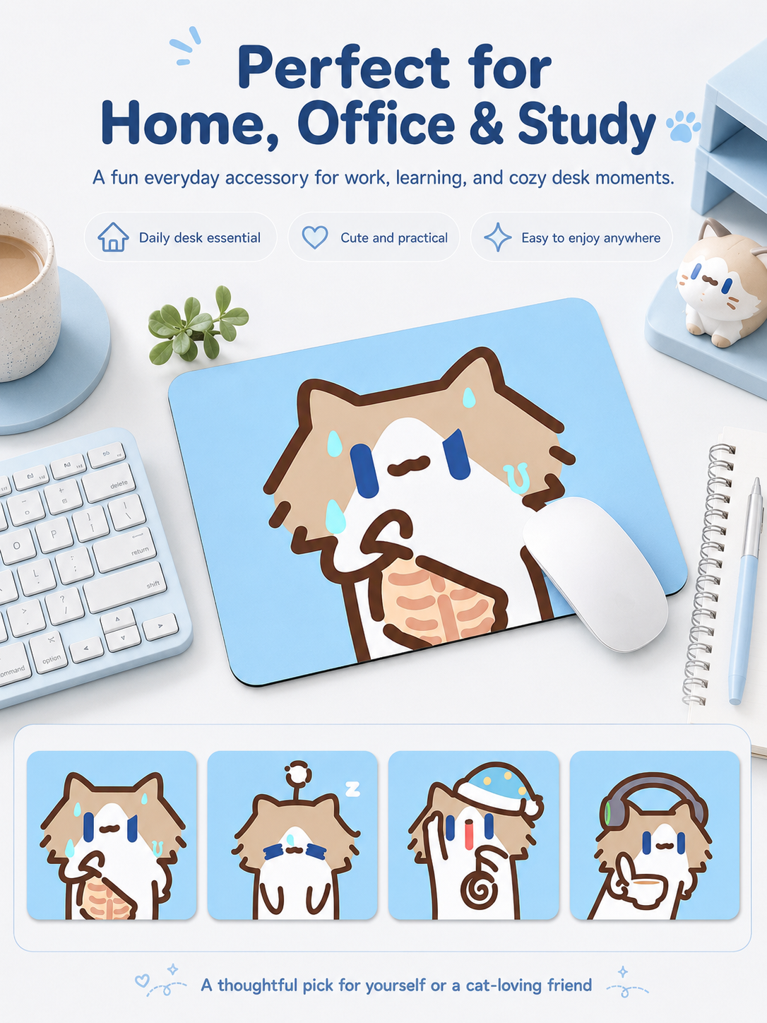 Cute Cartoon Cat Mouse Pad, Thickened Medium Size Desk Mat, Non‑Slip Rubber Mousepad for Laptop Office Student Desk