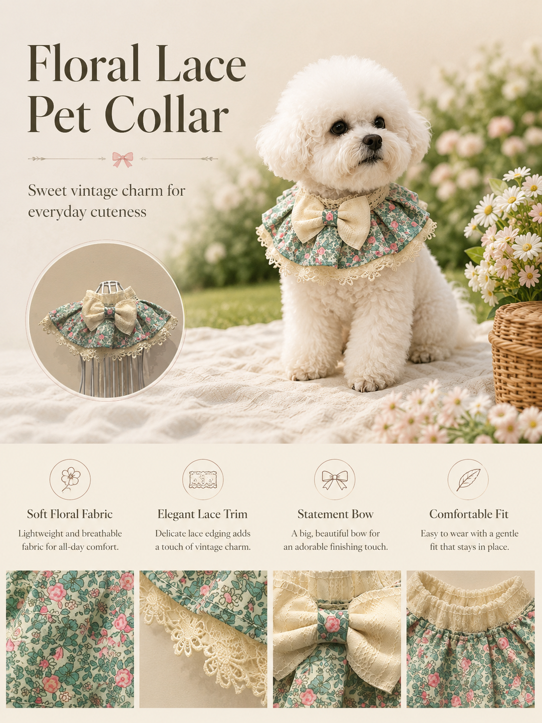 Vintage Floral Lace Pet Collar, Cute Bowknot Dog Neck Dress, Breathable Floral Puppy Neckwear for Daily Walking & Photo Shooting