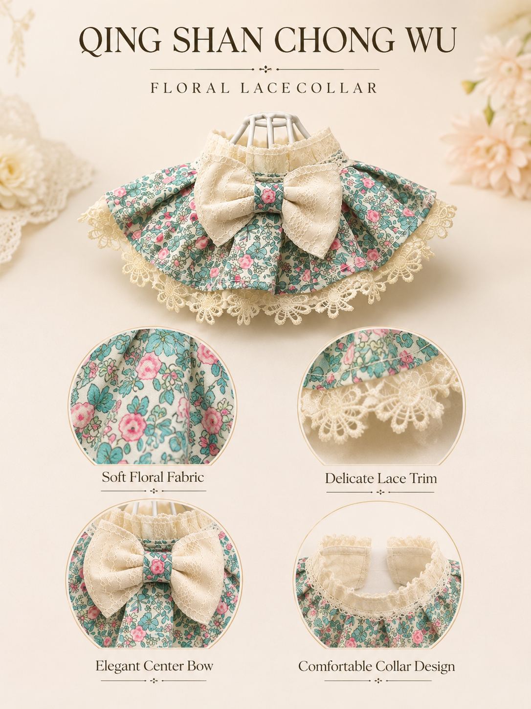 Vintage Floral Lace Pet Collar, Cute Bowknot Dog Neck Dress, Breathable Floral Puppy Neckwear for Daily Walking & Photo Shooting