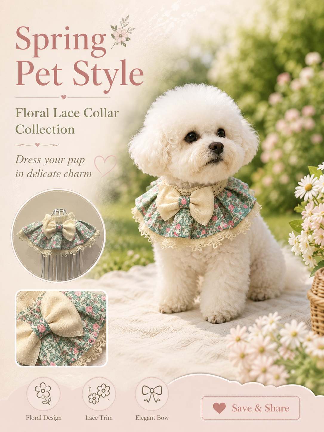 Vintage Floral Lace Pet Collar, Cute Bowknot Dog Neck Dress, Breathable Floral Puppy Neckwear for Daily Walking & Photo Shooting