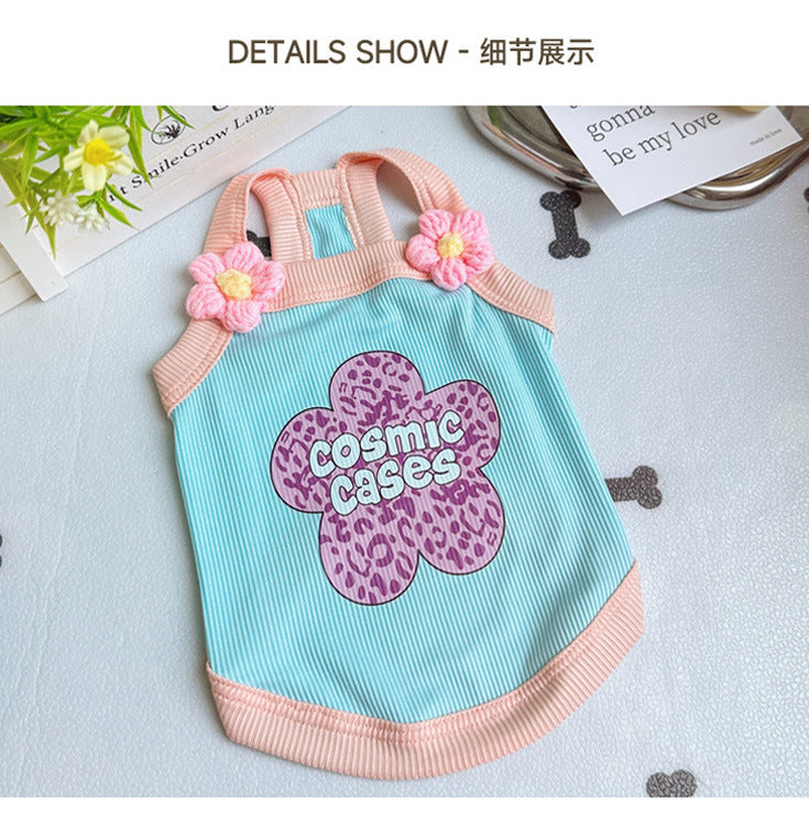 Kawaii Floral Print Cotton Sling Dog Tank Top, Breathable Korean INS Style Pet Summer Sleeveless Vest for Small Medium Dogs