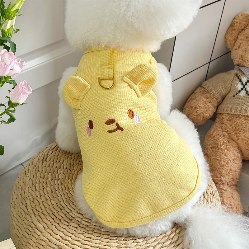 Yellow Bear Embroidery Waffle Dog Tank Top, Breathable Harness Sleeveless Pet Clothes Specially for French Bulldog, Only S/M/L Sizes