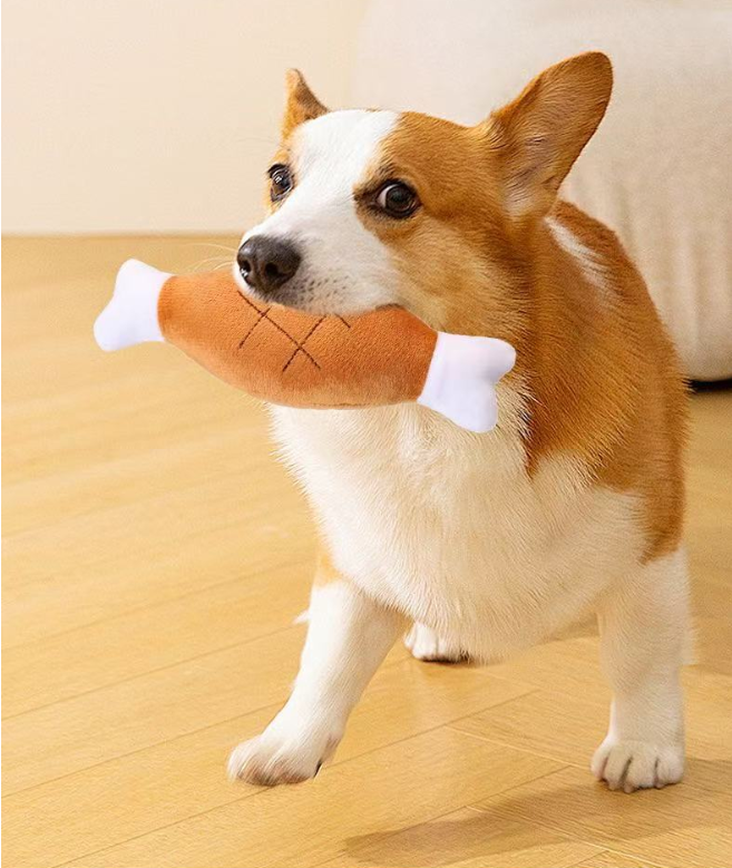 Squeaky Plush Double Bone Chicken Drumstick Dog Toy, Soft Stuffed Teething Chew Interactive Pet Play Toy