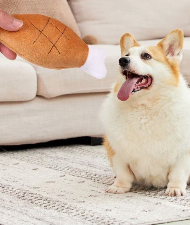 Squeaky Plush Double Bone Chicken Drumstick Dog Toy, Soft Stuffed Teething Chew Interactive Pet Play Toy