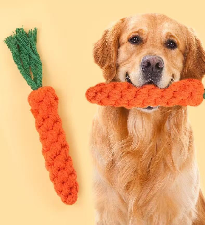 Carrot Shaped Cotton Linen Dog Rope Chew Toy, Durable Teeth Cleaning Interactive Molar Toy for Puppies & Medium Large Dogs