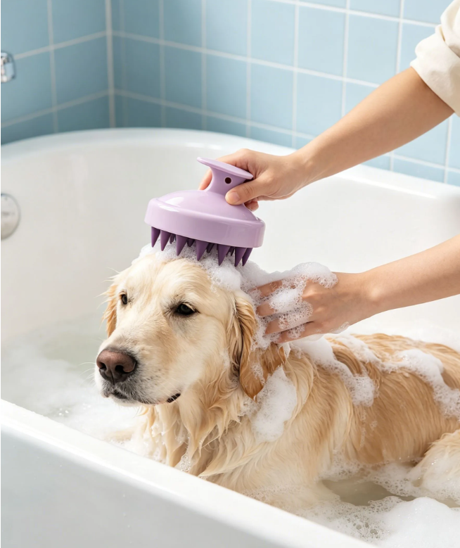 Pet Dog Bath Massage Brush, Soft Silicone Shampoo Scrubber Comb with Handle, Gentle Scalp Grooming Tool for Dog Shower Cleaning