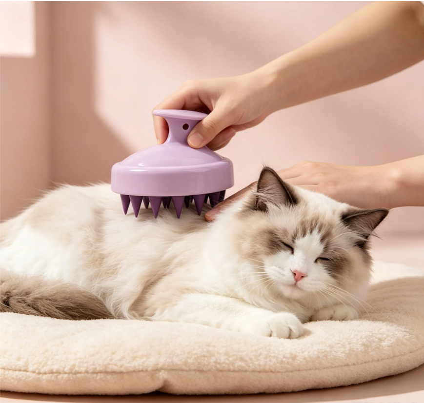 Pet Dog Bath Massage Brush, Soft Silicone Shampoo Scrubber Comb with Handle, Gentle Scalp Grooming Tool for Dog Shower Cleaning